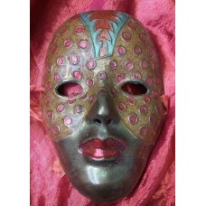 Solid Brass India Woman Face Painted Mask Mardi Gras Palm 5 1/2" tall 4 1/4"   253793916501
